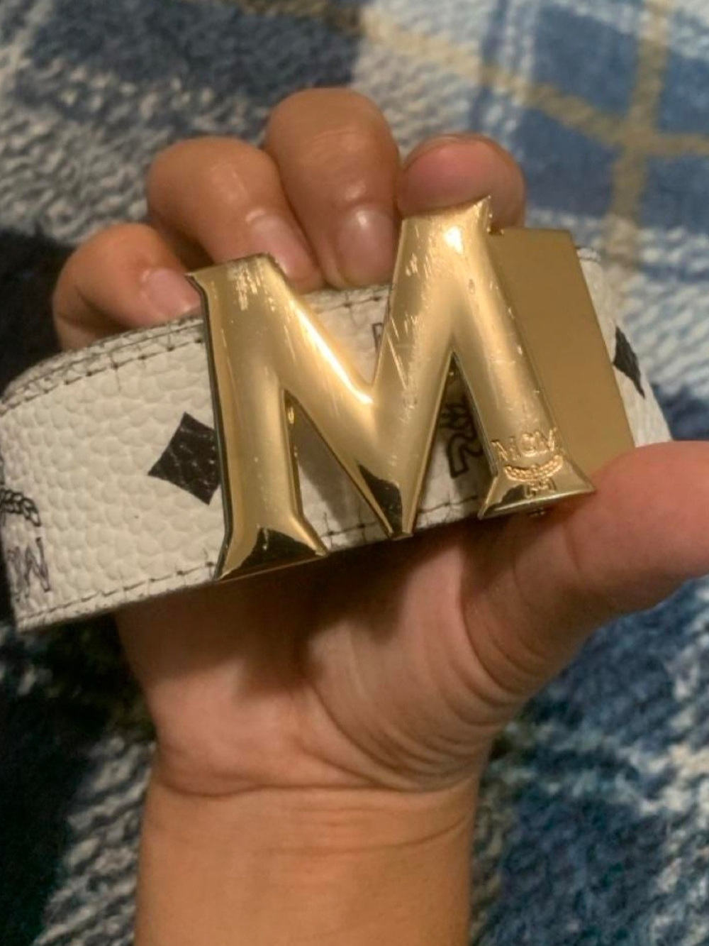 MCM White Monogram Leather Belt with Gold M Buckle
